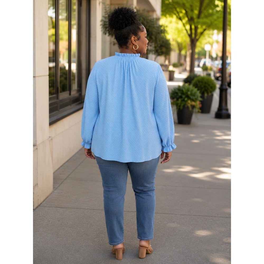 J.Crew XXL Light Blue Swiss Dot Mock Neck Blouse Long Sleeve Textured Top Career - Picture 2 of 7